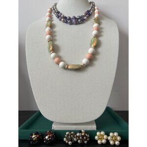 VTG Japan Jewelry Lot (5 Pieces) 2 Necklaces & 3 Clip-On Earrings Acrylic Beads